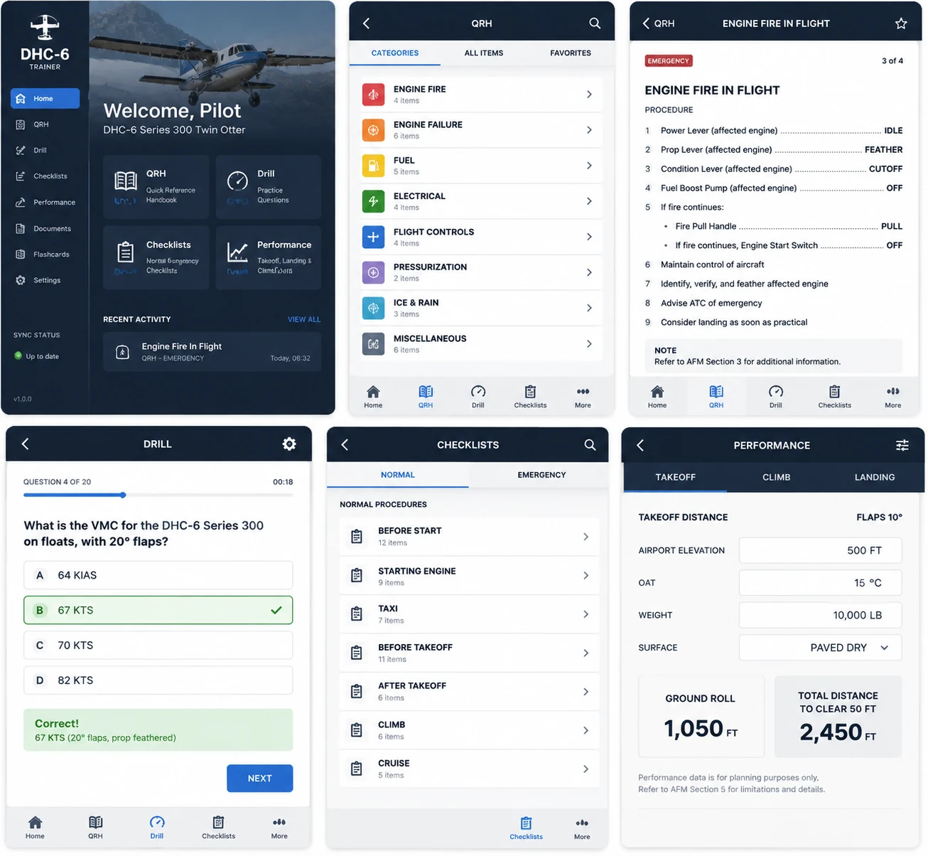 DHC-6 Trainer latest mobile interface concept showing QRH, drills, checklists, and performance screens